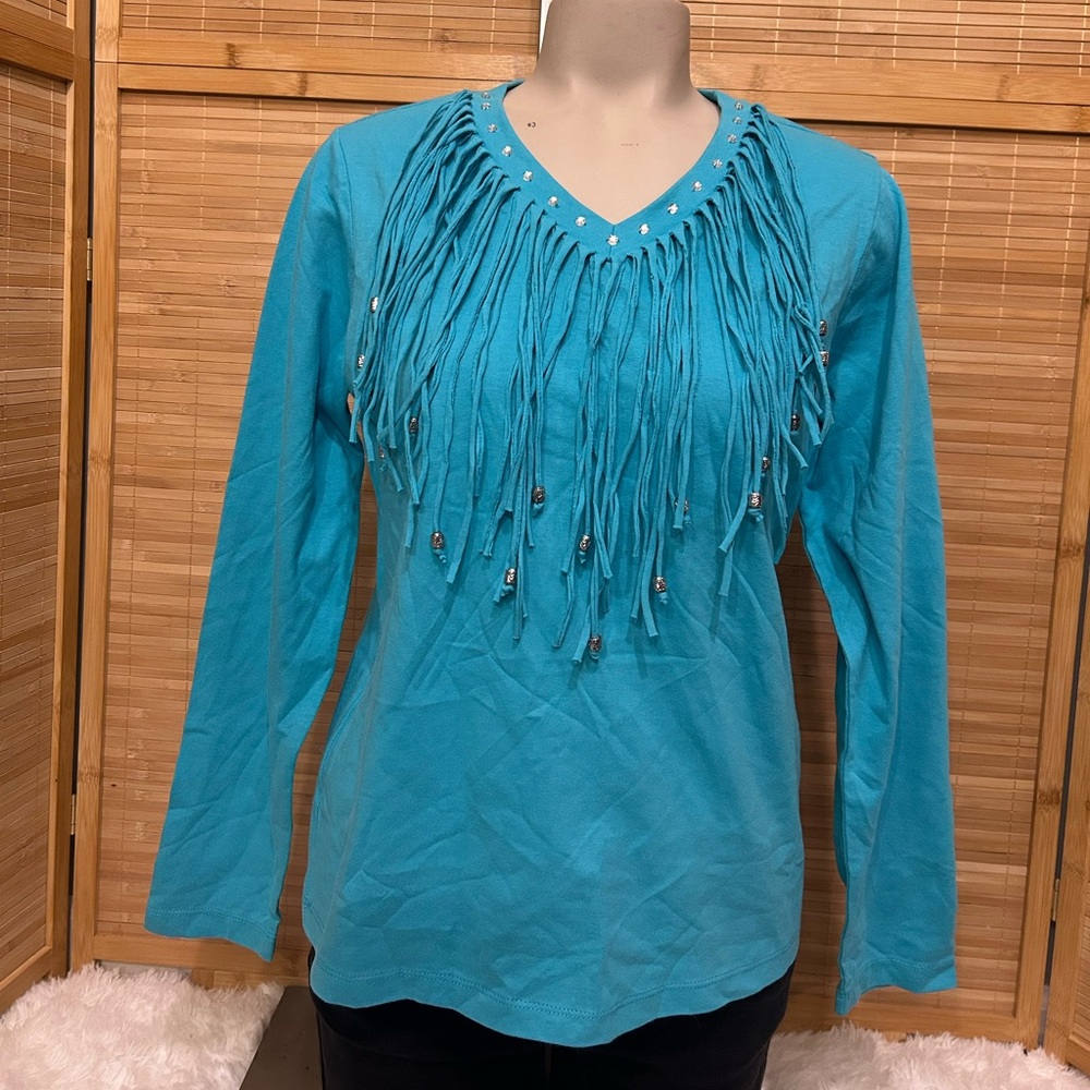 Back in the Saddle turquoise blue v-neck top shirt fringe rhinestones western S